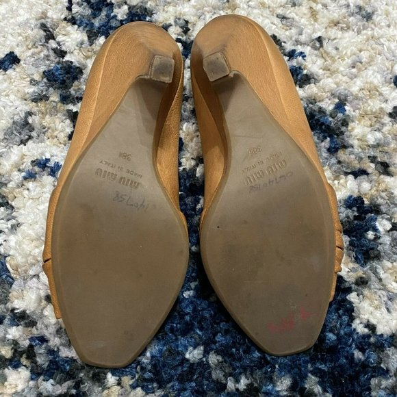 MIU MIU Womens Gorgeous Brown Tan Leather Bow Platform Peeptoe Pumps Heels 38.5 - Picture 11 of 12